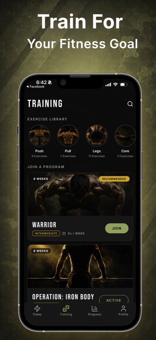 Rank progression and workout streak tracking in the Military Calisthenics app